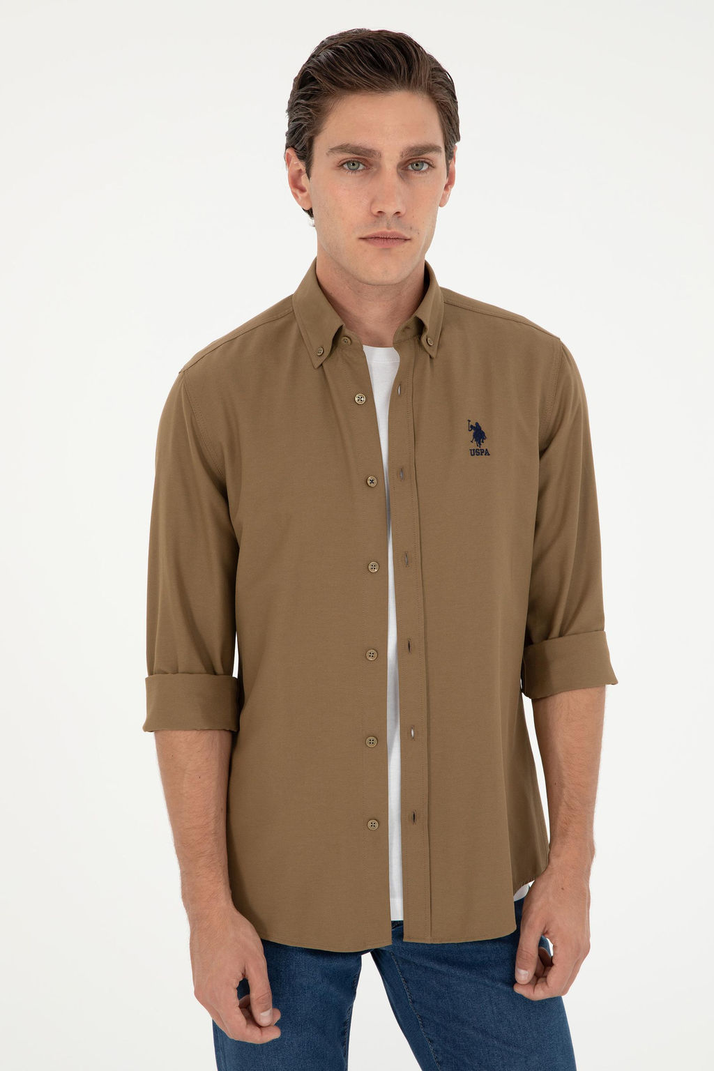 Мужская базовая рубашка цвета хаки с длинным рукавом - U.s. polo assn фото 3