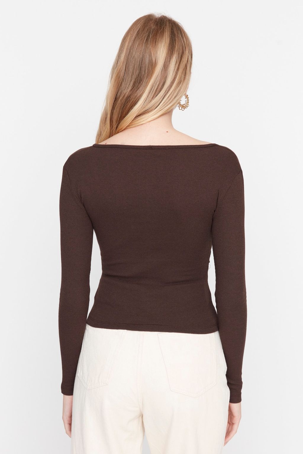 Koyu Kahverengi Fitted/Vucuda Oturan Kruvaze Yaka Uzun Kol Fitilli Esnek Orme Bluz TWOAW21BZ1274