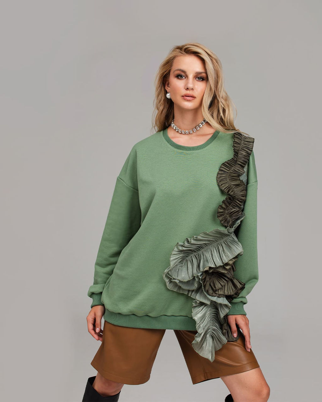 Эффектный свитшот с рюшами Футер 3-х нитка / Атлас-гофре / Органза - Sahar art lab фото 15