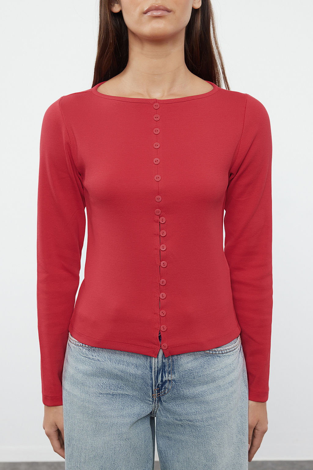 K?rm?z? Dugme Detayl? Bisiklet Yaka Fitilli Esnek Regular Boy Orme Bluz TWOAW25BZ00030