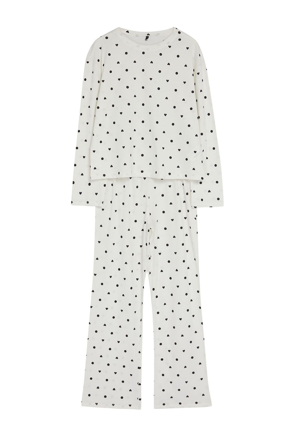 Beyaz %100 Pamuklu Puantiye ve Kalpli Orme Pijama Tak?m? THMAW25PT00039