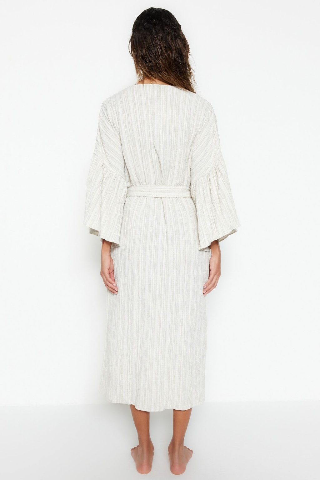 Ekru Kusakl? Maxi Dokuma Volanl? Keten Kar?s?ml? Plaj Kimono&Kaftan TBESS23KM00028 - Trendyolmilla фото 6