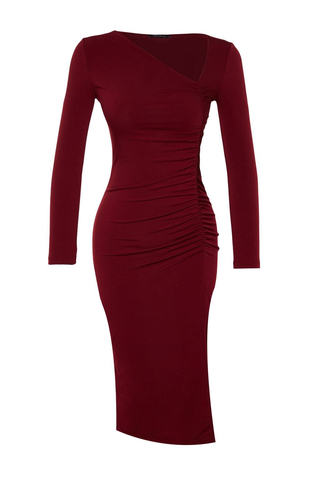 TRENDYOLMILLA Bordo Y?rtmacl? Vucuda Oturan Asimetrik Yaka Uzun Kollu Midi Orme Kalem Elbise TWOAW24EL00118  фото 6