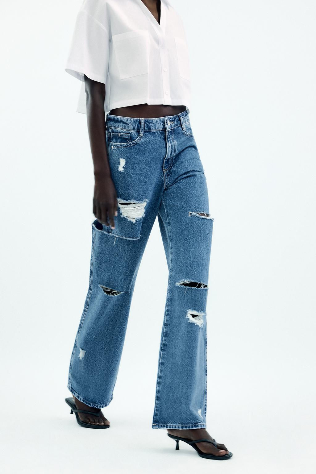 Z1975 STRAIGHT MID-WAIST JEANS WITH CUT OUTS AND RIPS - Zara фото 2