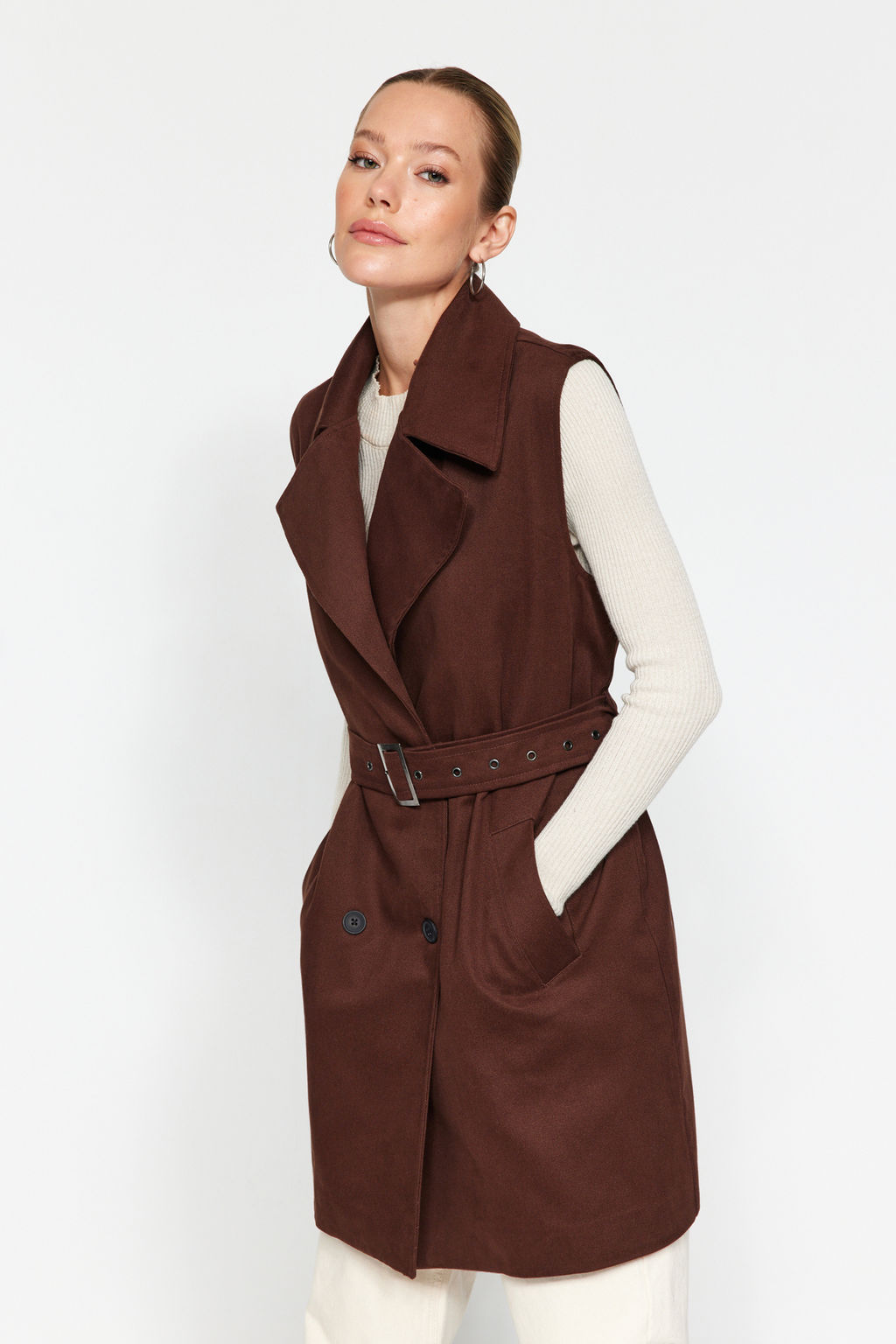 Kahverengi Oversize Kemerli Trenckot Yelek TWOAW24YE00084 - Trendyolmilla фото 3