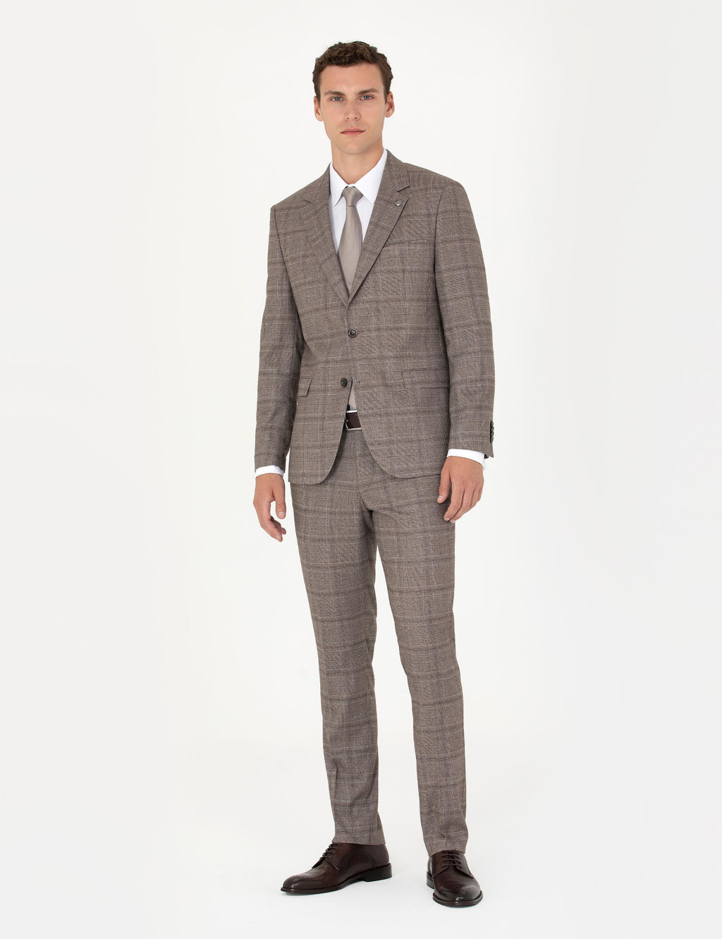 A__k Kahverengi Slim Fit Ekose Tak_m Elbise