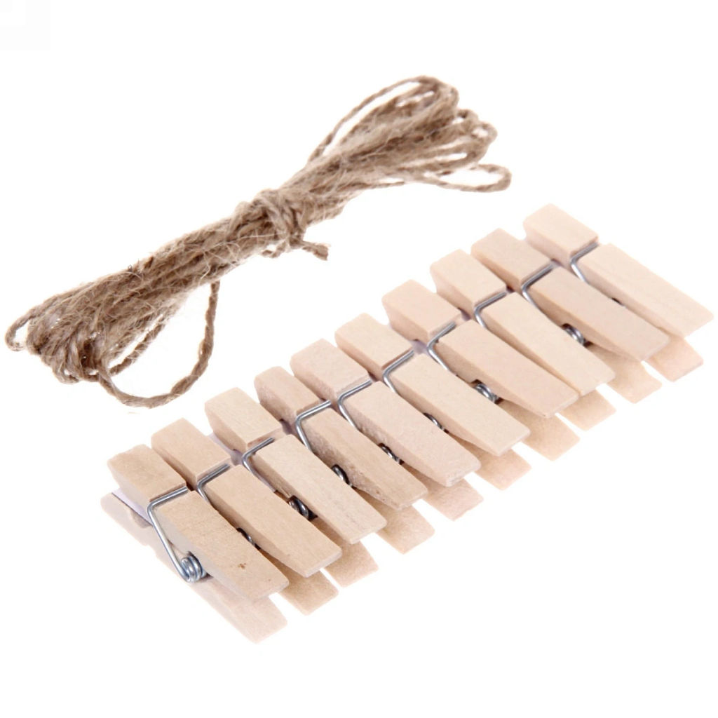 Цена за 6 шт. Набор для оформления "Натуральные прищепки" (10 прищепок 4,5 см, веревка 2м)