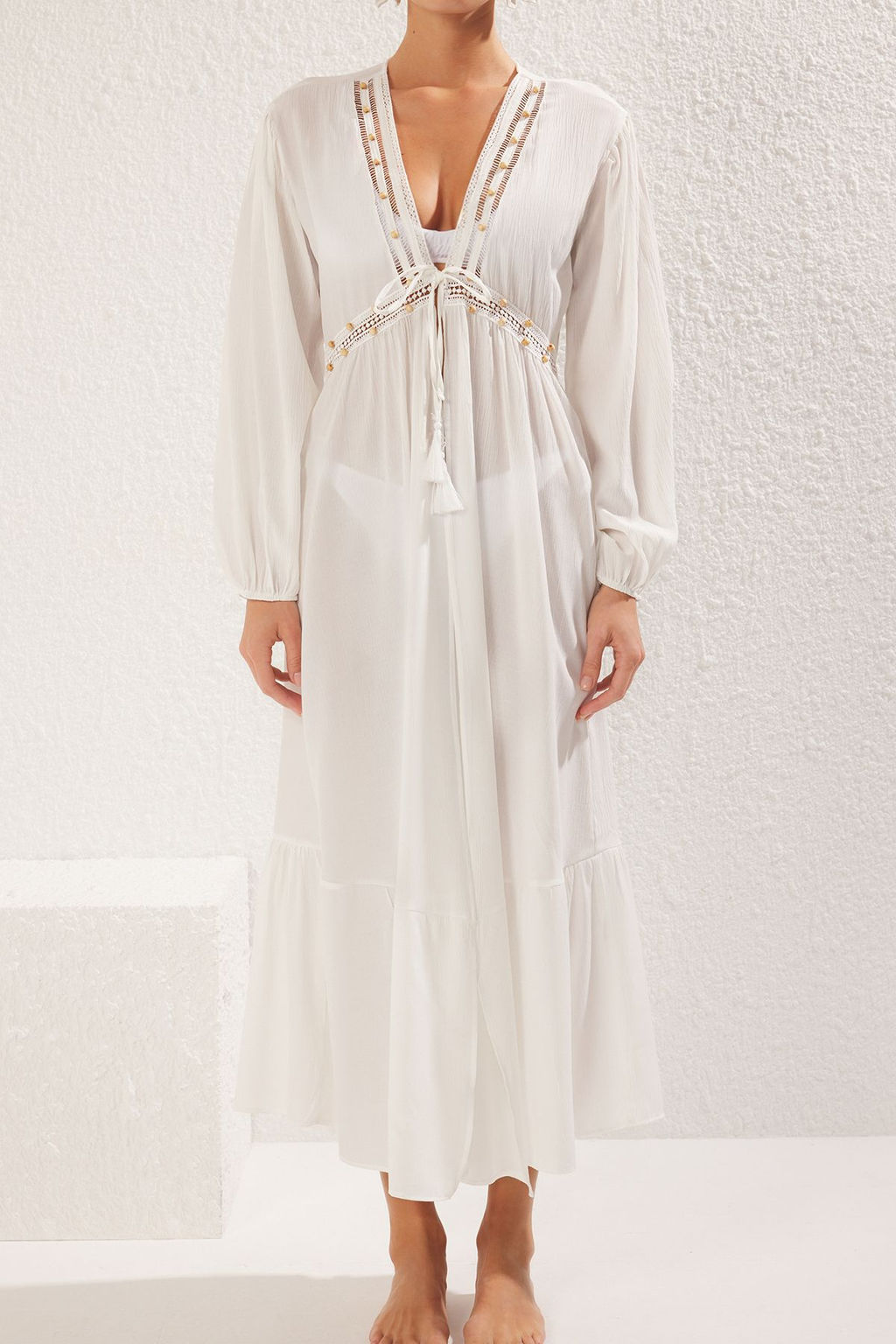 Ekru Maxi Dokuma Serit Aksesuarl? Baglama Detayl? Plaj Kimono&Kaftan TBESS25KM00011 - Trendyolmilla фото 4