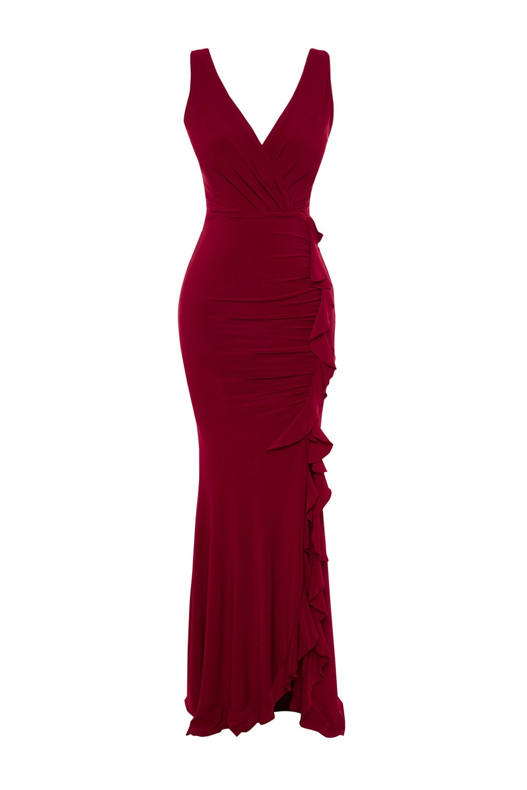 TRENDYOLMILLA Bordo Vucuda Oturan Astarl? Volanl? Orme Uzun S?k Abiye Elbise TPRSS19UT0026  фото 7