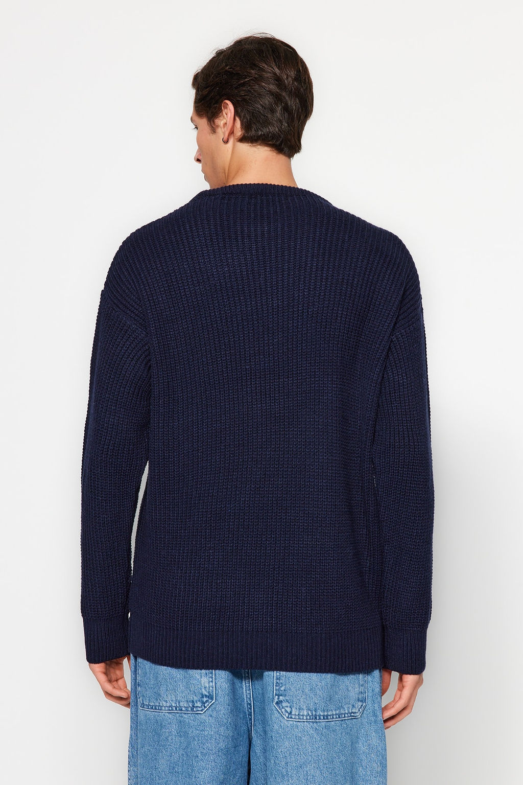 Lacivert Oversize Fit Genis Kal?p Bisiklet Yaka Basic Triko Kazak TMNAW23KZ00189