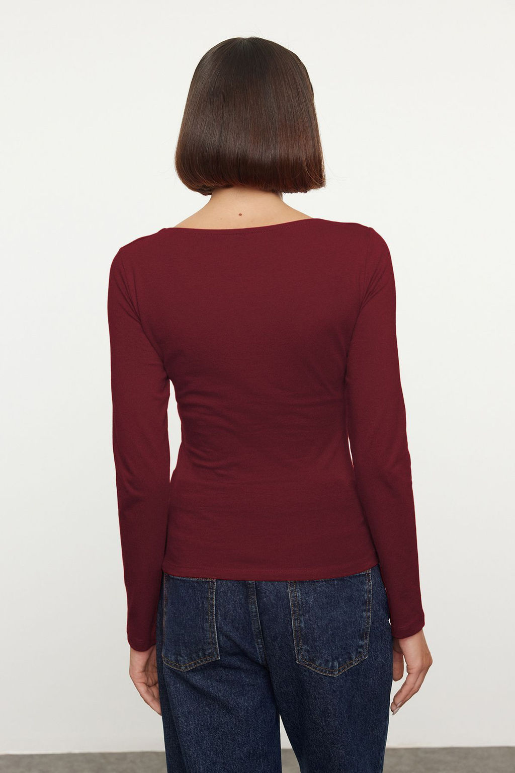 Bordo Pamuklu Kay?k Yaka Fitted/Vucuda Oturan Esnek Bluz TWOAW24BZ00166