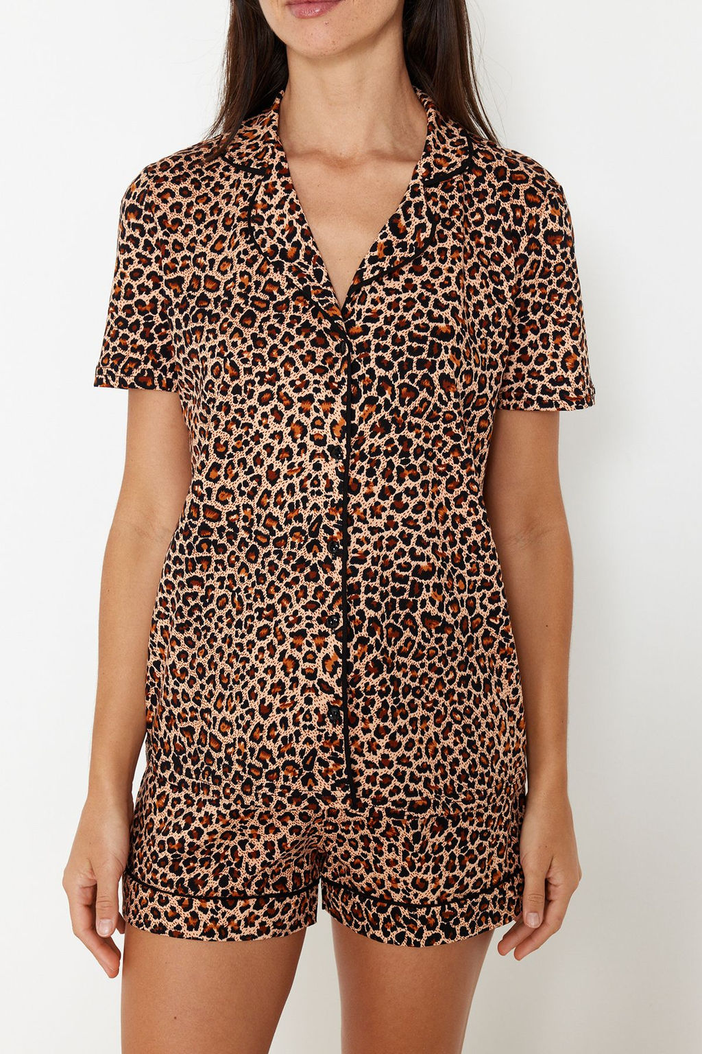 Trendyolmilla Kahverengi %100 Pamuklu Leopar Desenli Sortlu Orme Pijama Tak?m? THMSS24PT00392 фото 4