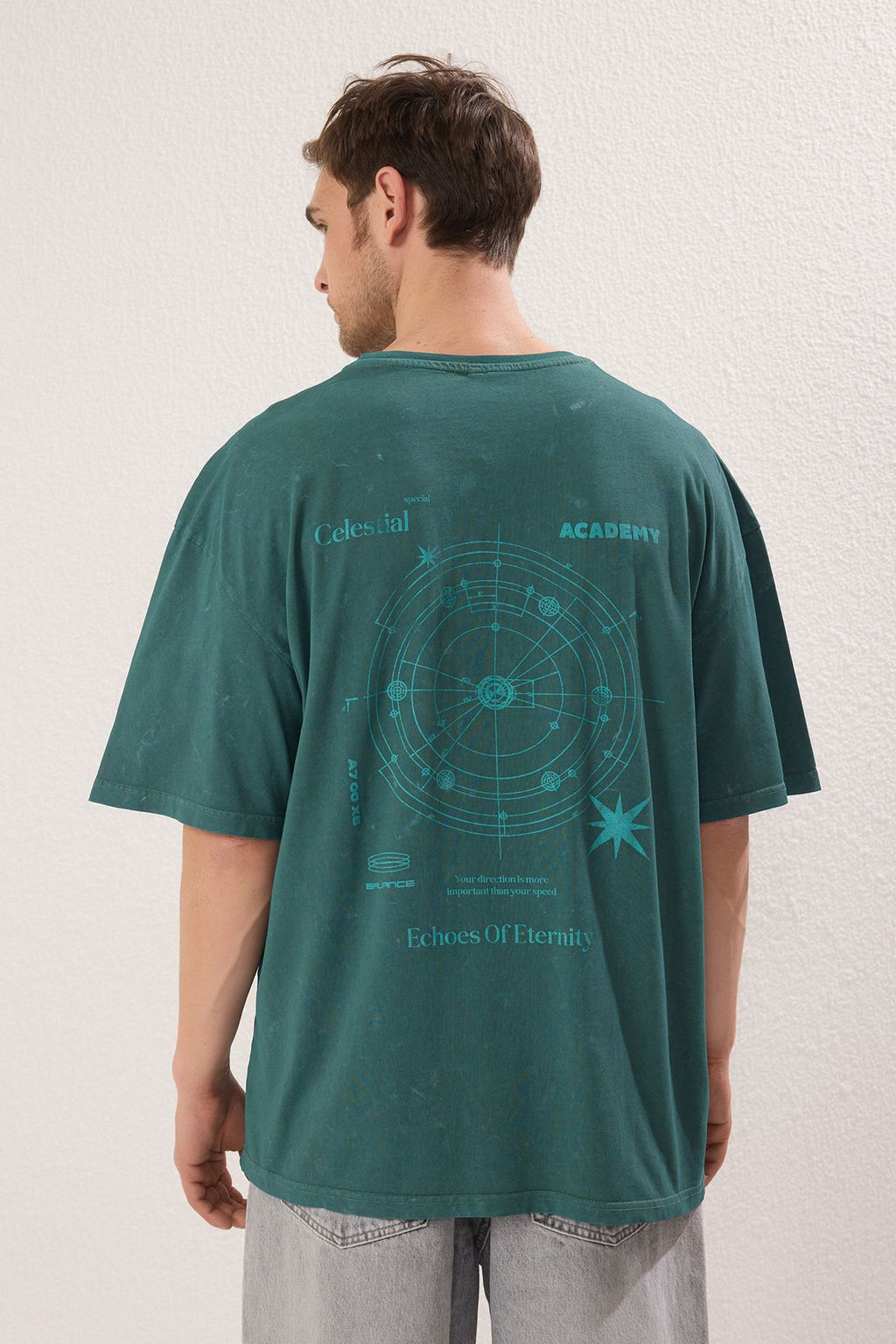 Trendyolmilla Man Yesil Oversize/Genis Kesim Eskitme/Soluk Efekt Galaksi Bask?l? T-Shirt TMNSS25TS00076