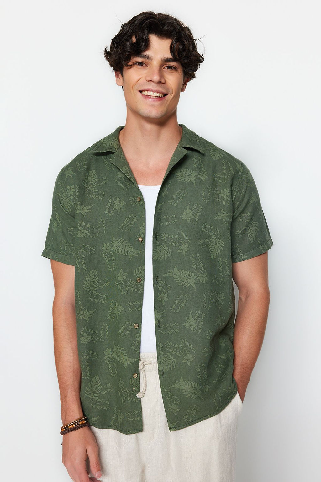 TRENDYOL MAN Haki Regular Fit Apas Yaka Keten Kar?s?ml? Gomlek TMNSS20GO0443 - Trendyolmilla фото 5