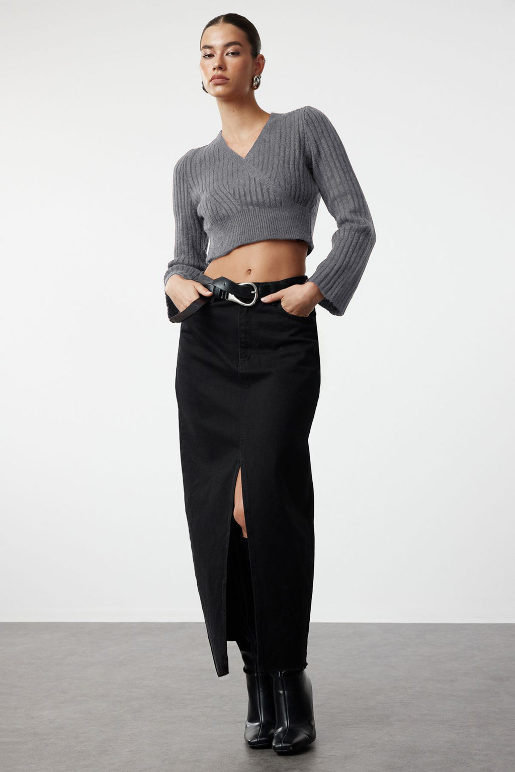 Mint Crop Yumusak Dokulu Kruvaze Triko Kazak TWOAW24KZ00381 - Trendyolmilla фото 10