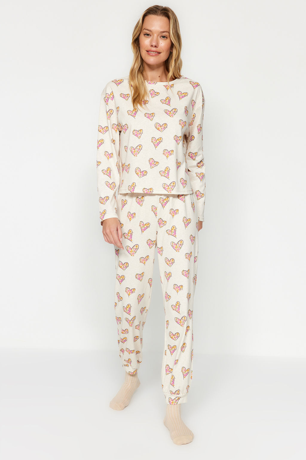 Krem %100 Pamuklu Kalpli Tshirt-Jogger Orme Pijama Tak?m? THMAW24PT00116