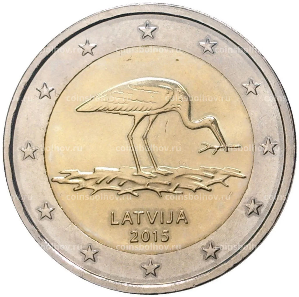 2 евро 2015 года Латвия Вымирающие виды Чёрный аист