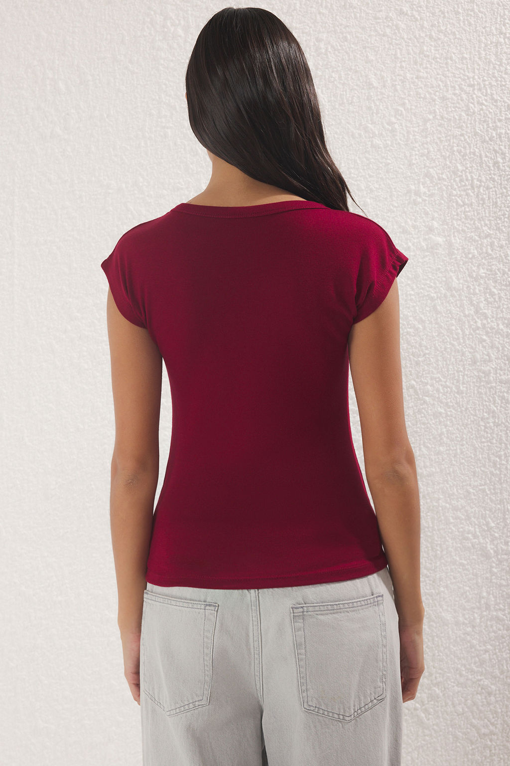 Bordo Premium Viskoz/Yumusak Kumas Fitted/Vucuda Oturan Ay Kol Esnek Orme Bluz TWOSS23BZ00992