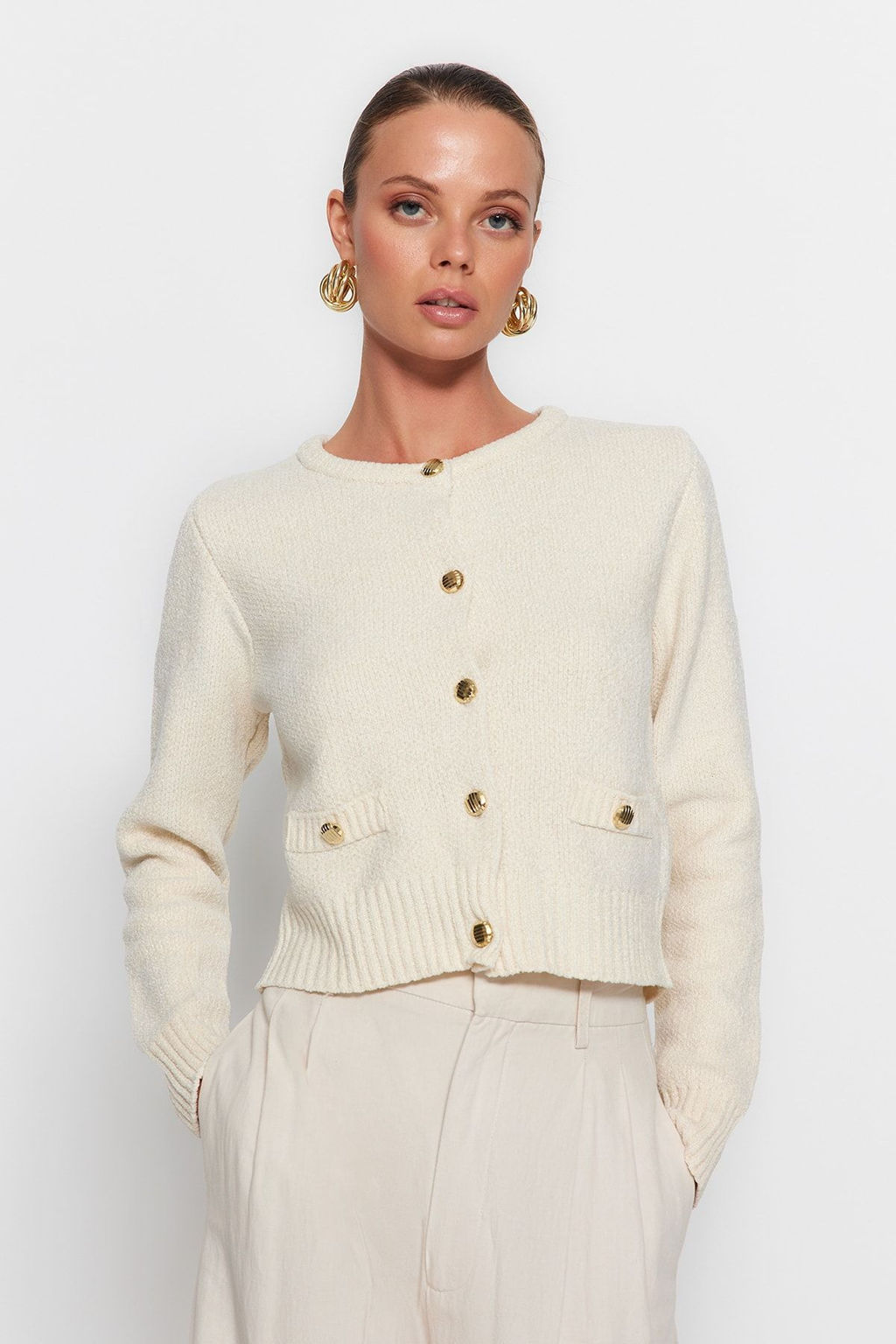 Ekru Crop Premium Iplik/Ozel Iplik Cep Detayl? Triko H?rka TWOAW24HI00051