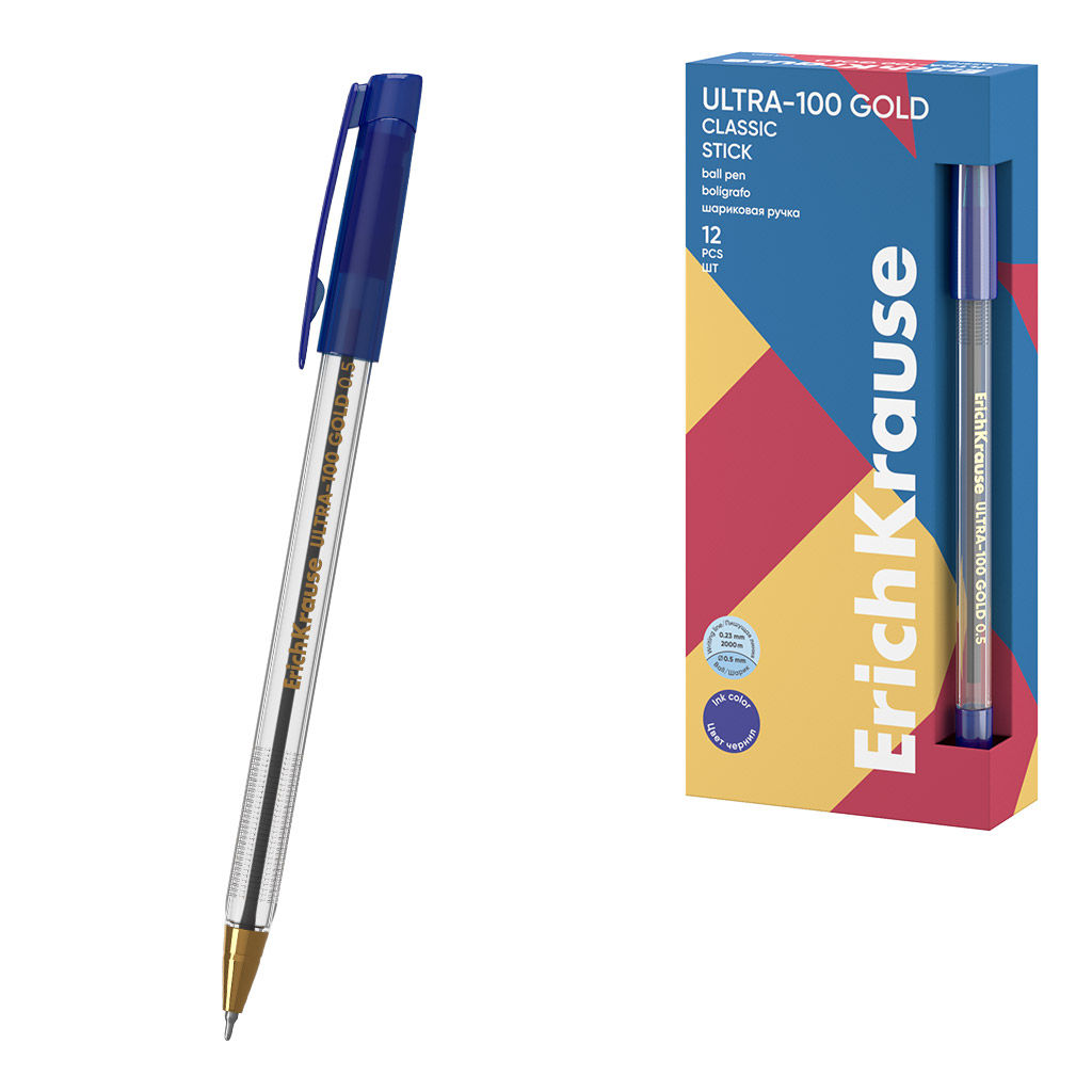 Цена за 12 шт. Ручка шариковая ErichKrause ULTRA-100 Gold Stick Classic 0.5, Super Glide Technology, цвет чернил синий (в коробке по 12 шт.)