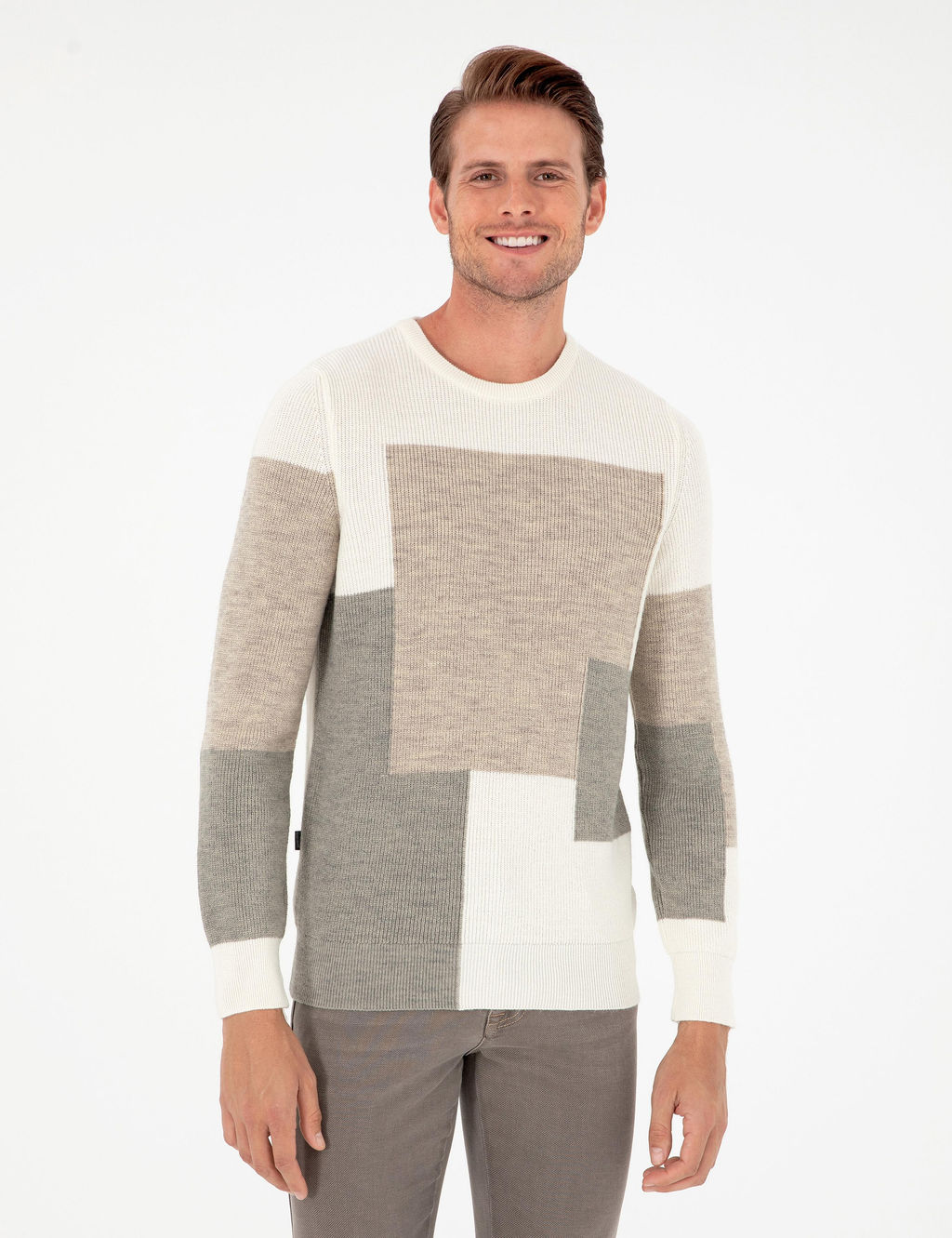 Ekru Slim Fit Bisiklet Yaka Triko Kazak