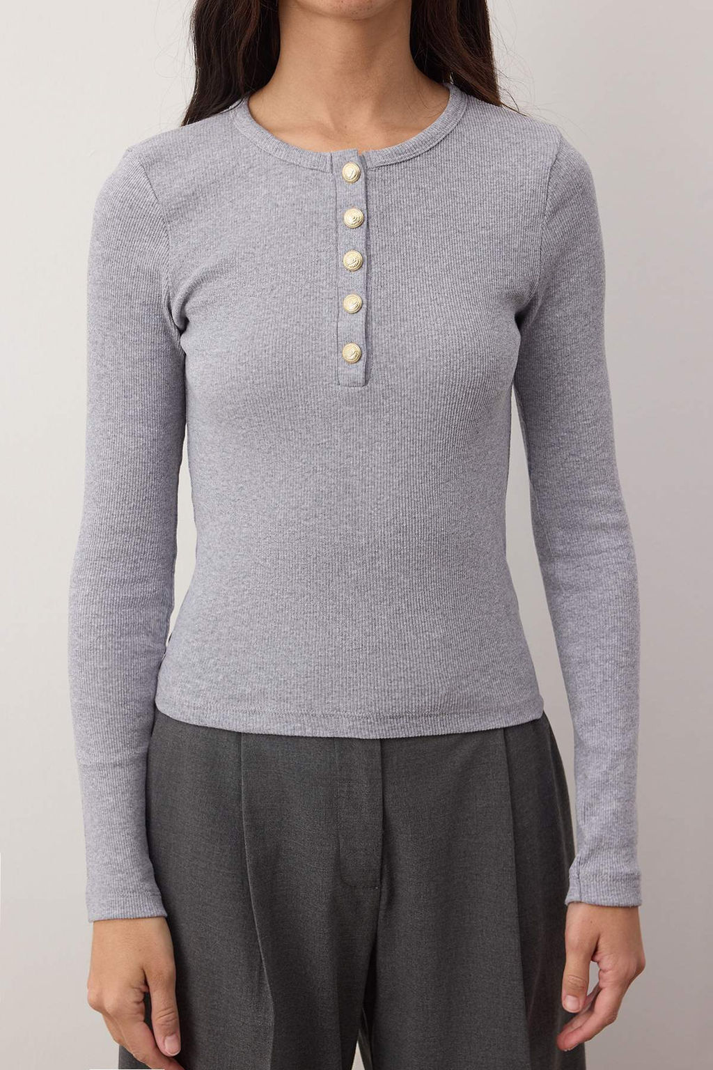 Gri Melanj Bisiklet Yaka Dugmeli Fitted/Vucuda Oturan Esnek Fittilli Orme Bluz TWOAW26BZ00063