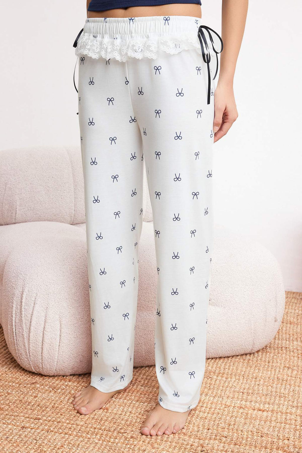 Lacivert-Beyaz Kurdele Desenli Dantel Detayl? Orme Pijama Tak?m? THMSS26PT00069 - Trendyolmilla фото 3