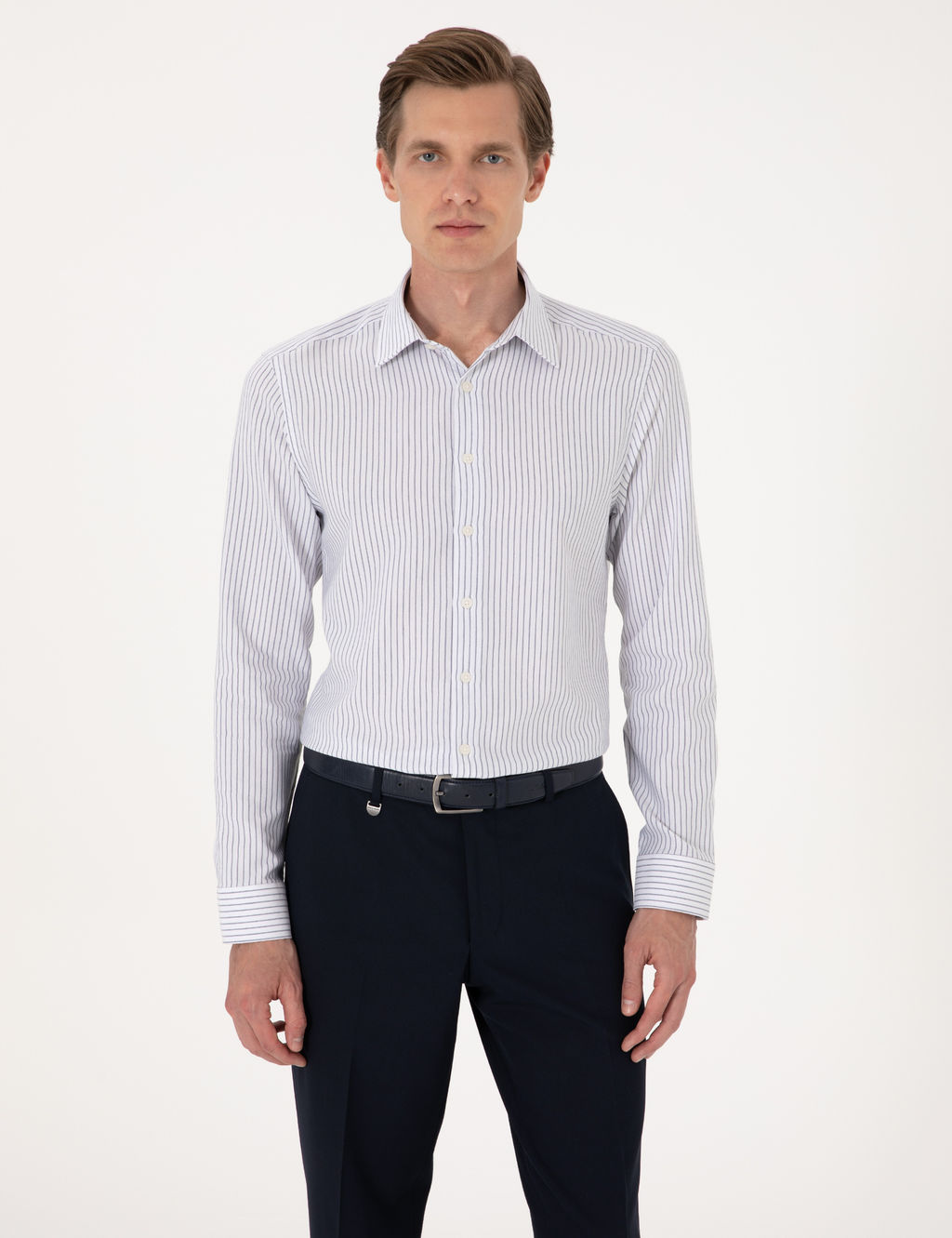 Mavi Slim Fit _izgili Uzun Kollu G_mlek