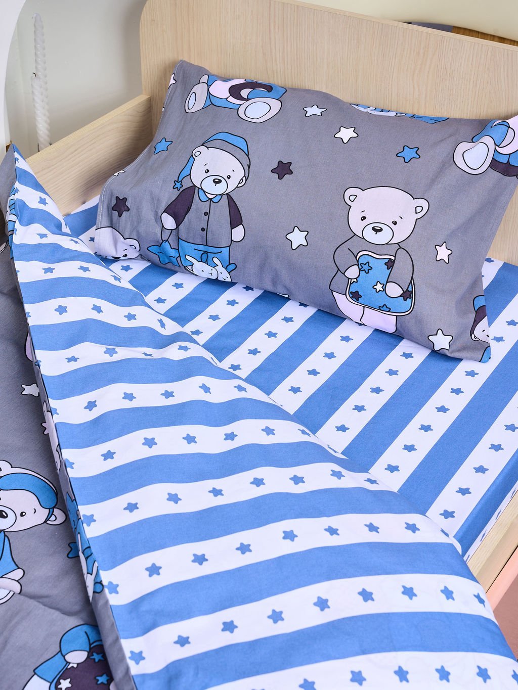 Постельное белье детское поплин с простыней на резинке - Мишки, цвет синий Детский