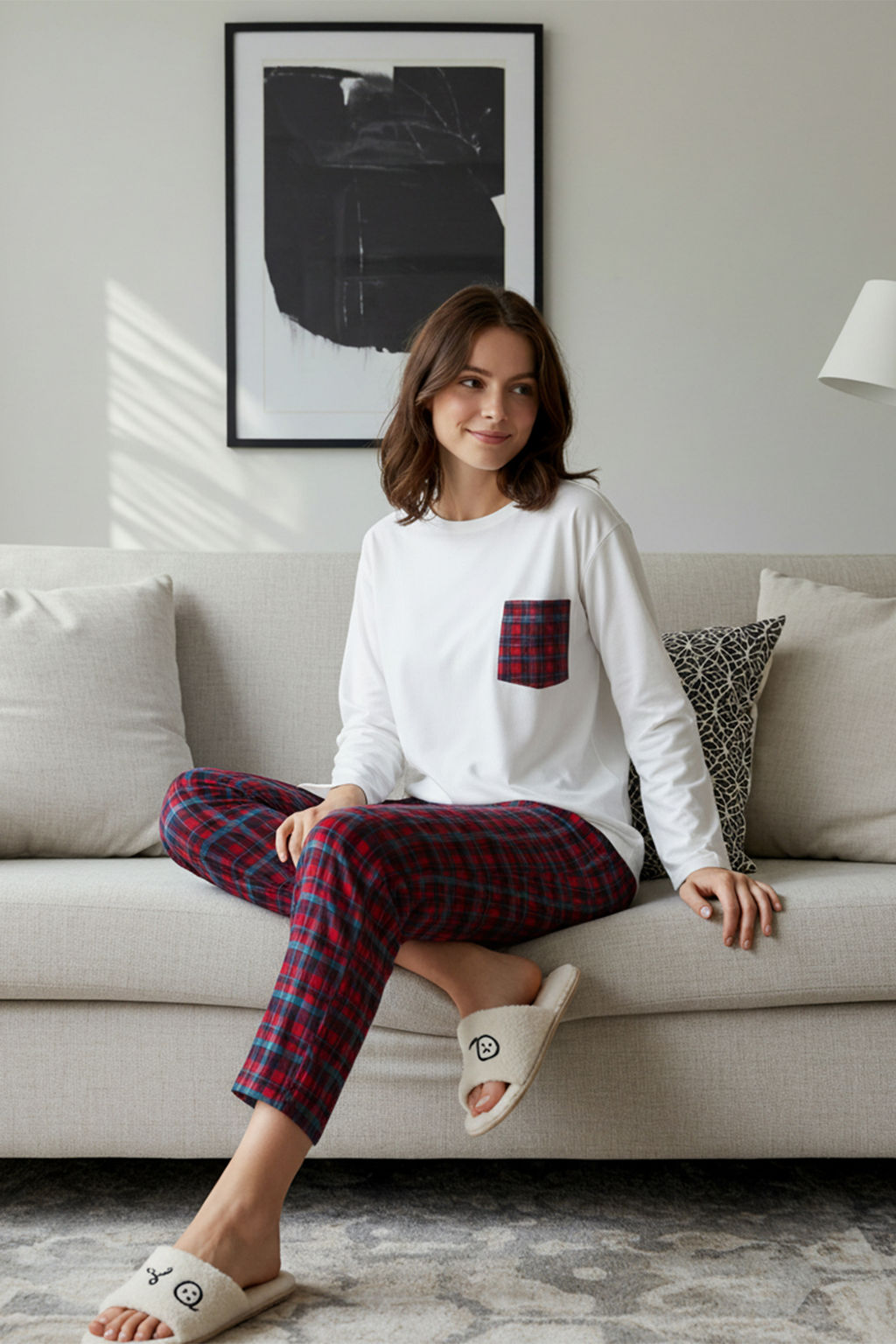 Trendyolmilla Beyaz %100 Pamuklu Ekoseli Cep Detayl? Orme Pijama Tak?m? THMAW24PT00228 фото 9