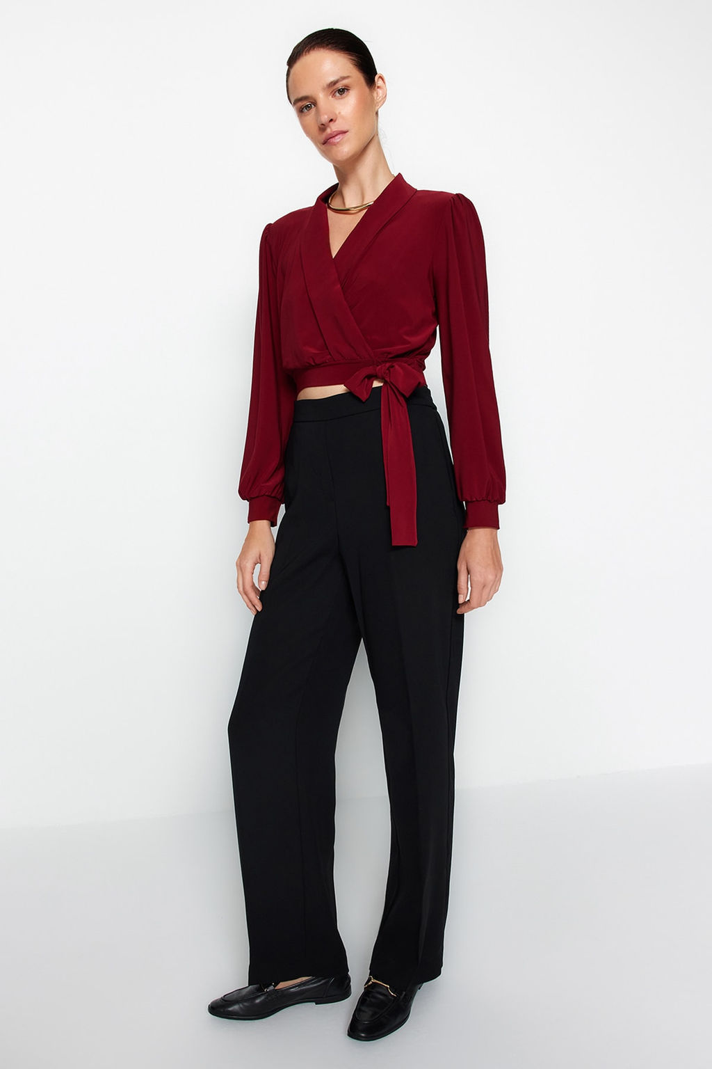 Bordo Kruvaze Kapamal? Crop Esnek Orme Bluz TWOAW24BZ00071