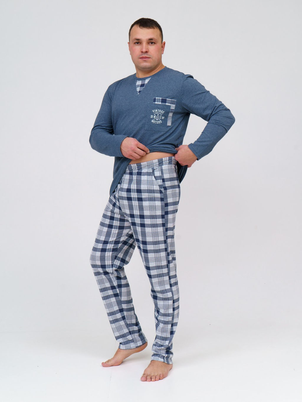 Пижама мужская Олимп дл.рукав св.серый/клетка
