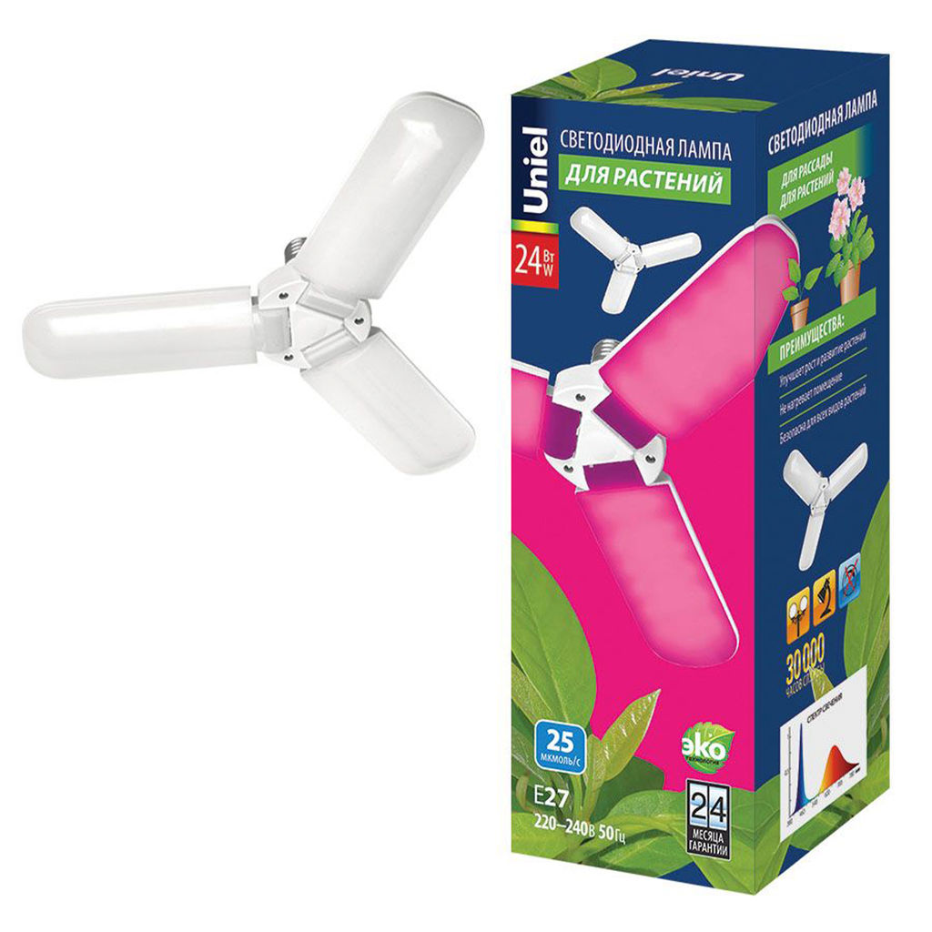 LED-P65-24W/SPSB/E27/FR/P3 PLP32WH Лампа светодиодная для растений. Форма "P" лепестковая, матовая. Спектр для рассады и цветения. Картон. ТМ Uniel