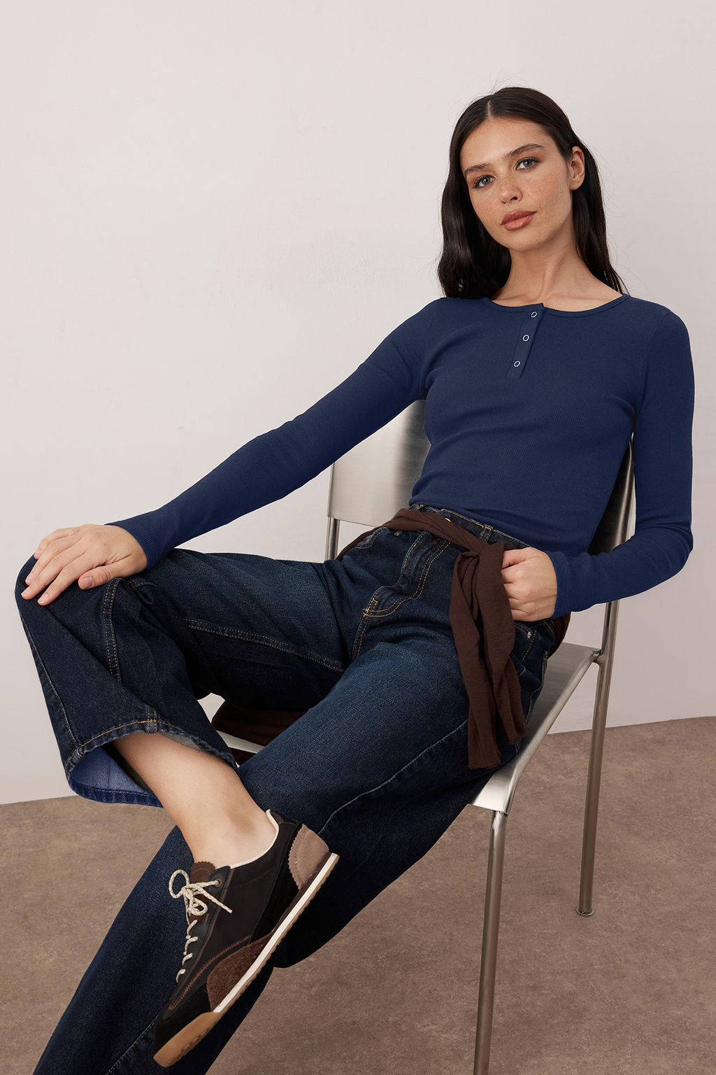 Lacivert C?tc?tl? Fitted/Vucuda Oturan Fitilli Esnek Orme Bluz TWOAW25BZ00080