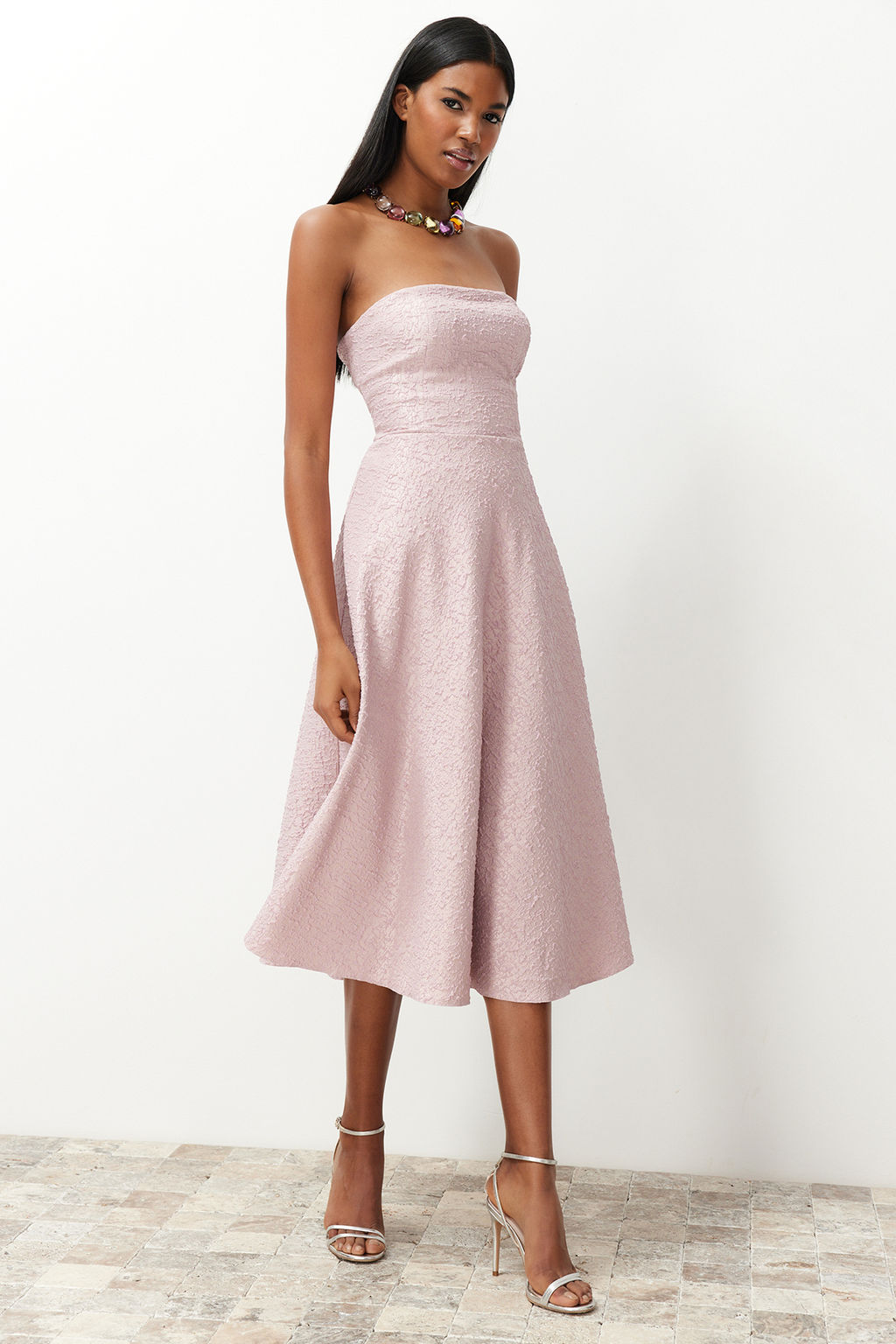 TRENDYOLMILLA Pudra A-Kesim Dokuma S?k Abiye Elbise TPRSS24EL00160