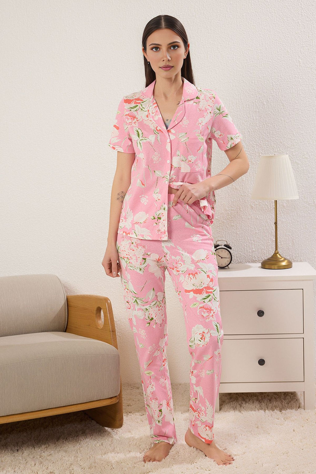 Trendyolmilla Sar? %100 Pamuklu Cicek Desenli Gomlek-Pantolon Orme Pijama Tak?m? THMSS20PT0063 фото 14