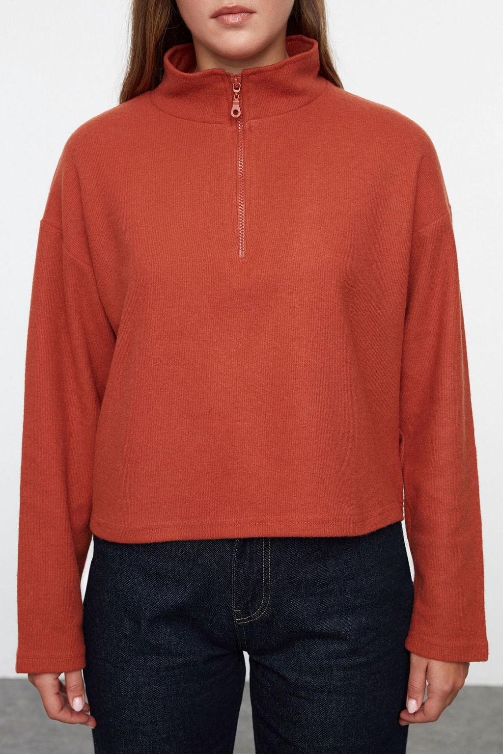 TRENDYOLMILLA Gri Selanik/Triko Gorunumlu Fermuarl? Yaka Regular/Normal Kal?p Orme Sweatshirt TWOAW22SW0732 фото 4