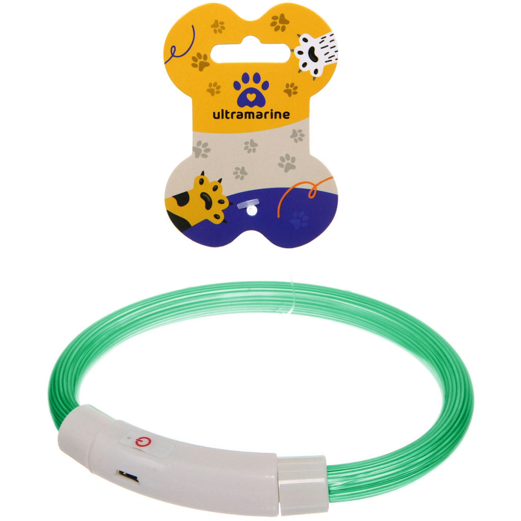 Цена за 2 шт. Ошейник неоновый для собак малых пород "Защита Бро", цвет зеленый, зарядка от USB, шнур в комплекте, размер S - d 35см (пакет с подвесом)