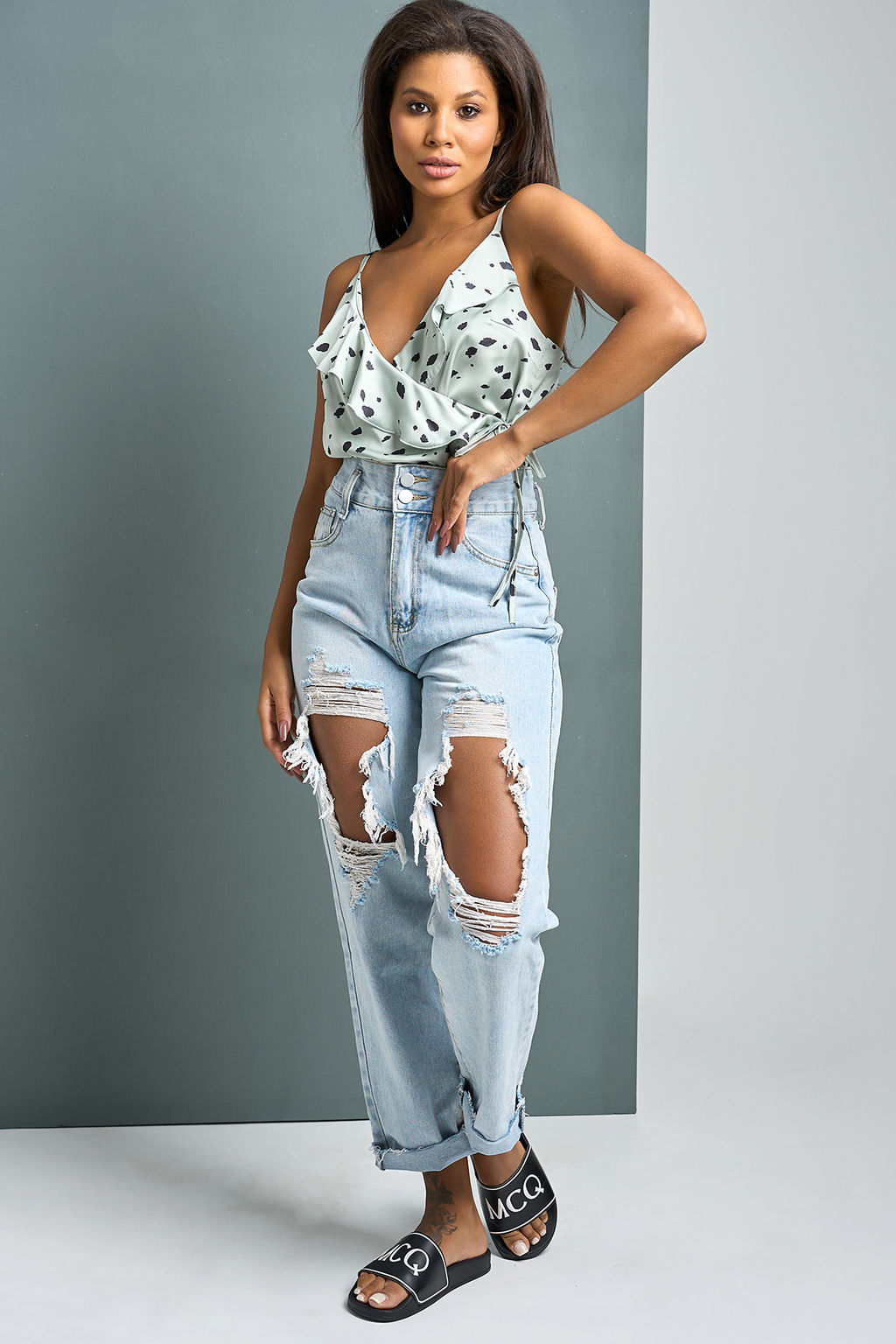 Топ летний атласный с запахом фисташковый - Fly фото 6