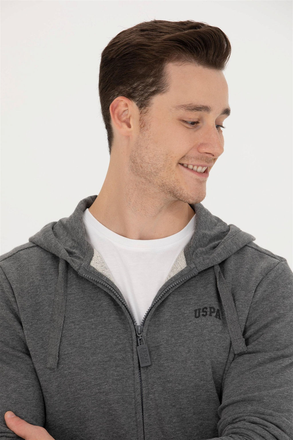 U. S. Polo Assn Мужской вязаный кардиган антрацитового меланжевого цвета с капюшоном - U.s. polo assn фото 2