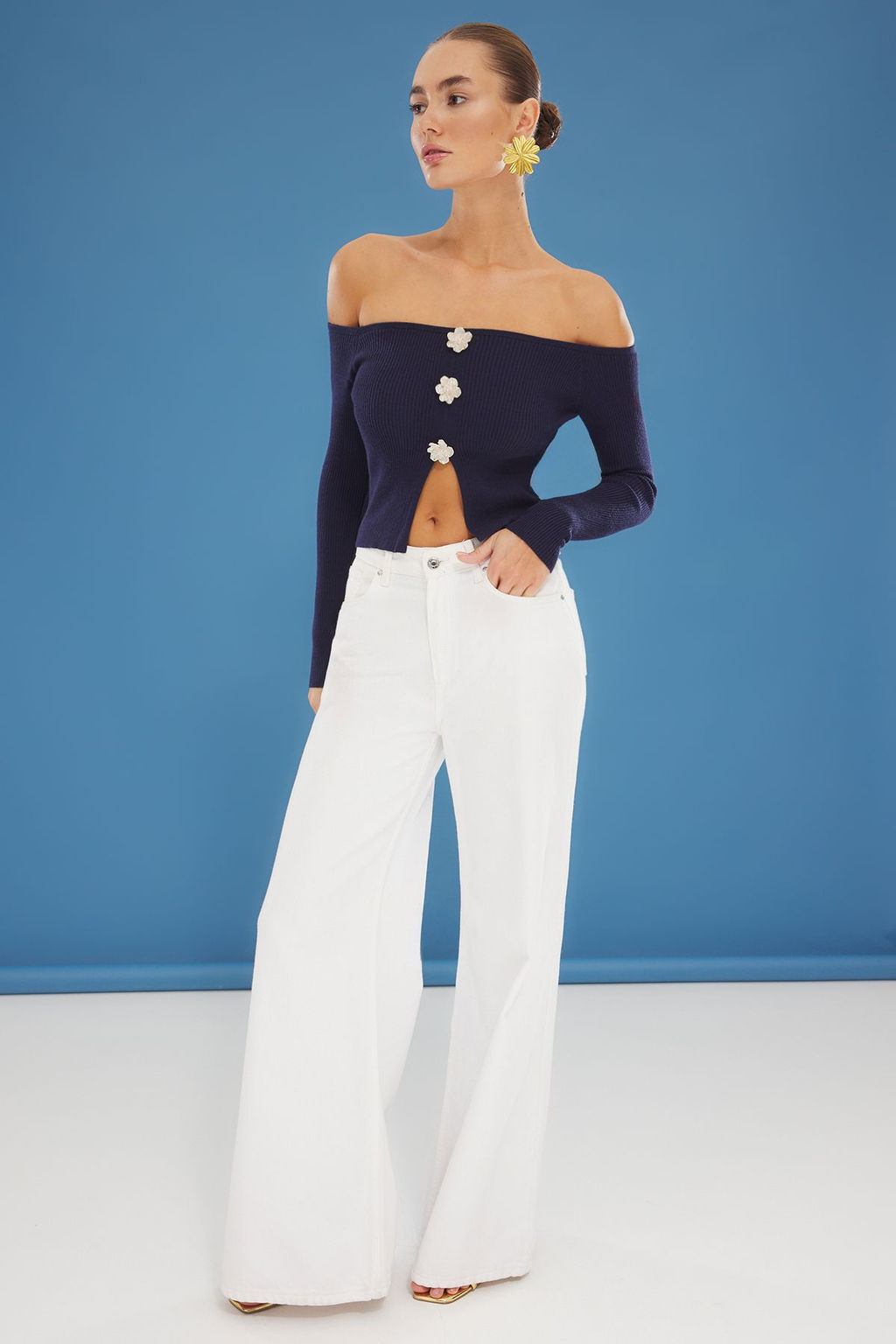 Lacivert Cicek Dugmeli Kay?k Yaka Kazak TWOSS25KZ00000 - Trendyolmilla фото 2