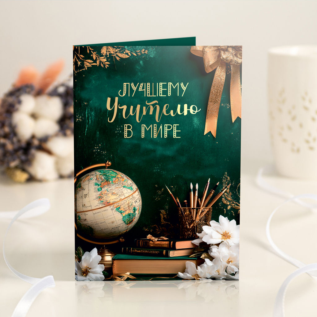 Открытка 4 шоколадки "Лучшему учителю в мире" (зелёная с глобусом)