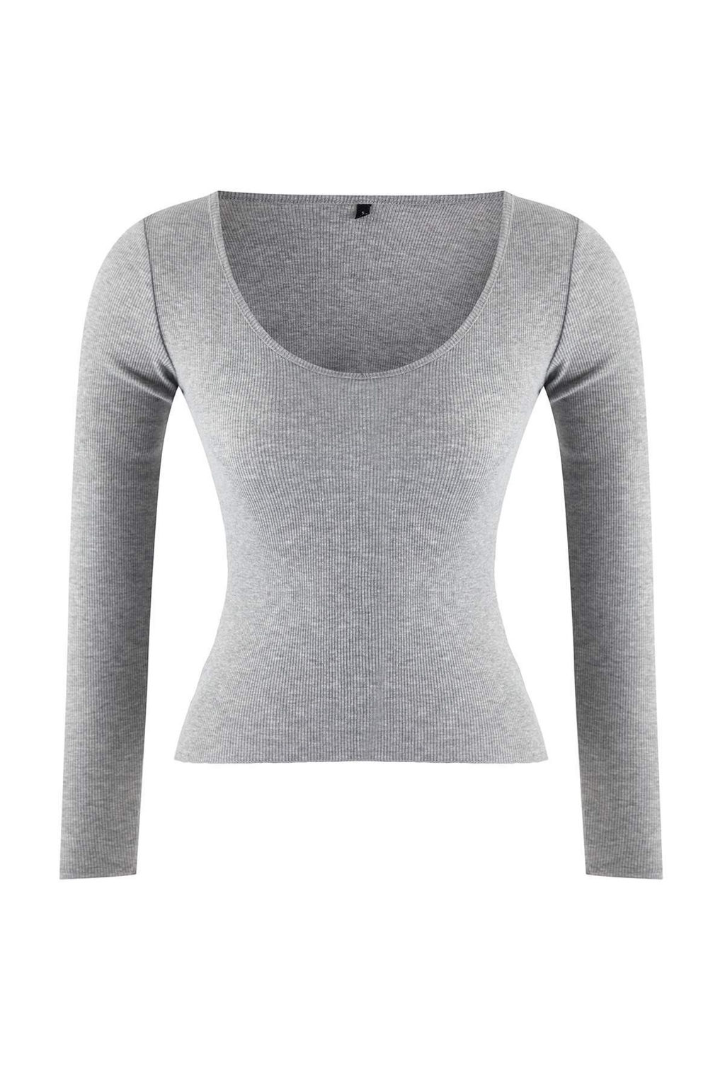 Kahverengi-Gri Melanj 2li Paket V Yaka Fitted/Vucuda Oturan Pamuklu Esnek Orme Bluz TWOAW24BZ00068