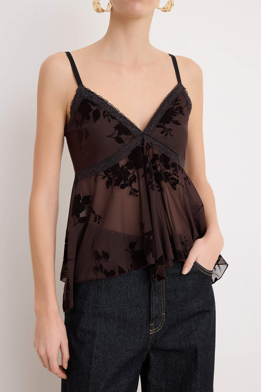 Kahverengi Cicekli Volan Detayl? Tul Party Bluz TPRAW26BZ00056