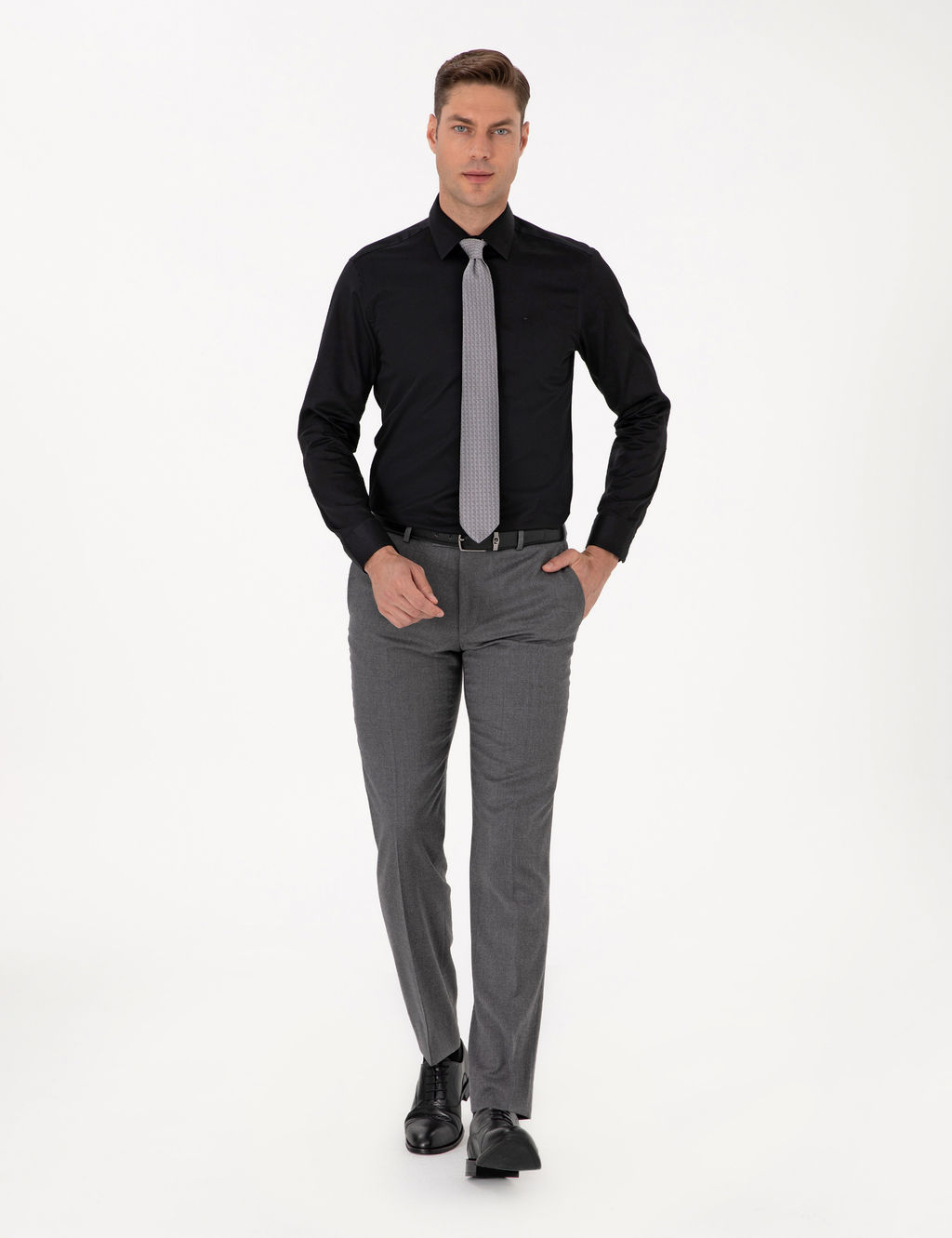 Siyah %100 Pamuk Parlak Saten Slim Fit Uzun Kollu Basic G_mlek