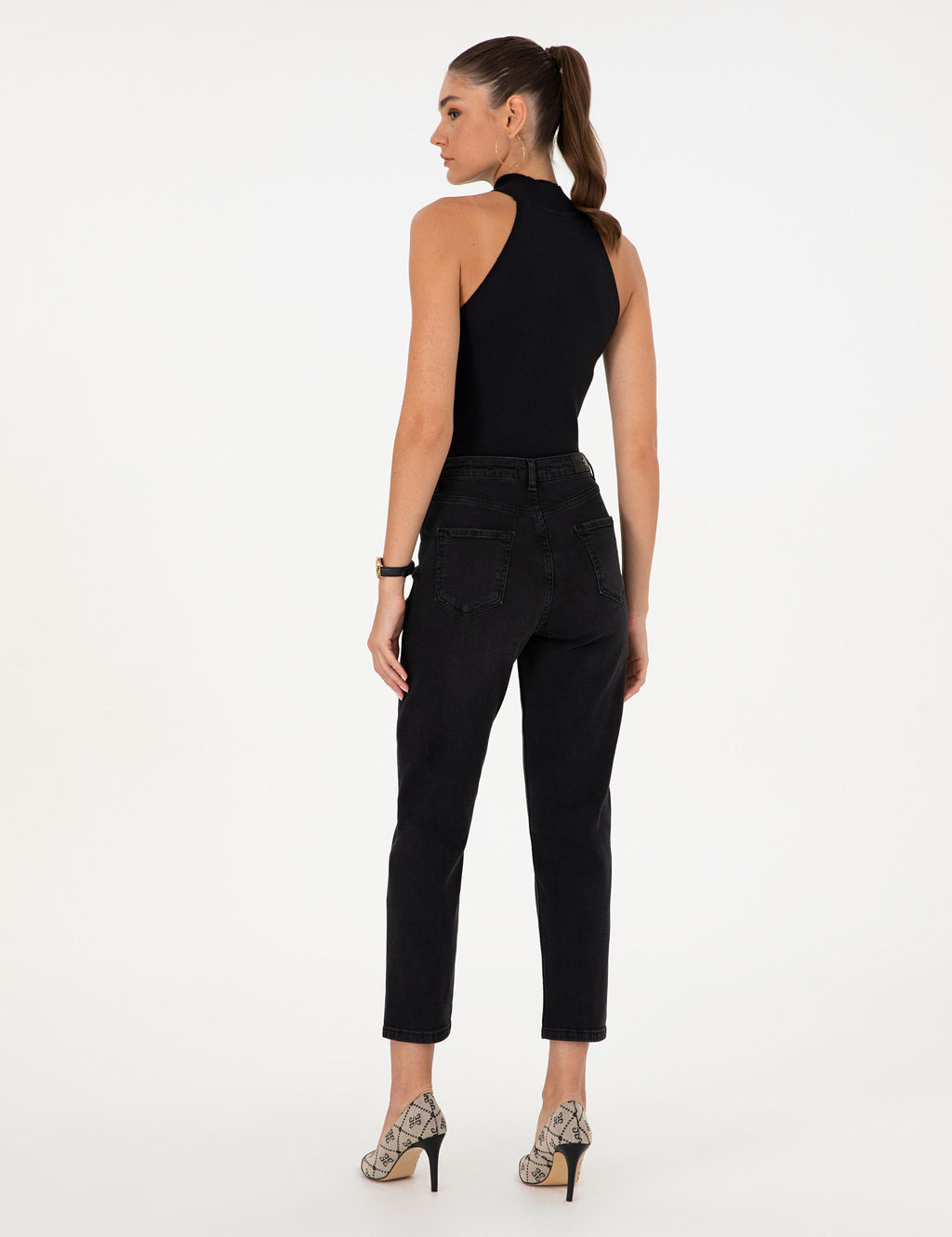 Siyah Mom Fit Geni_ Kal_p Jean Pantolon