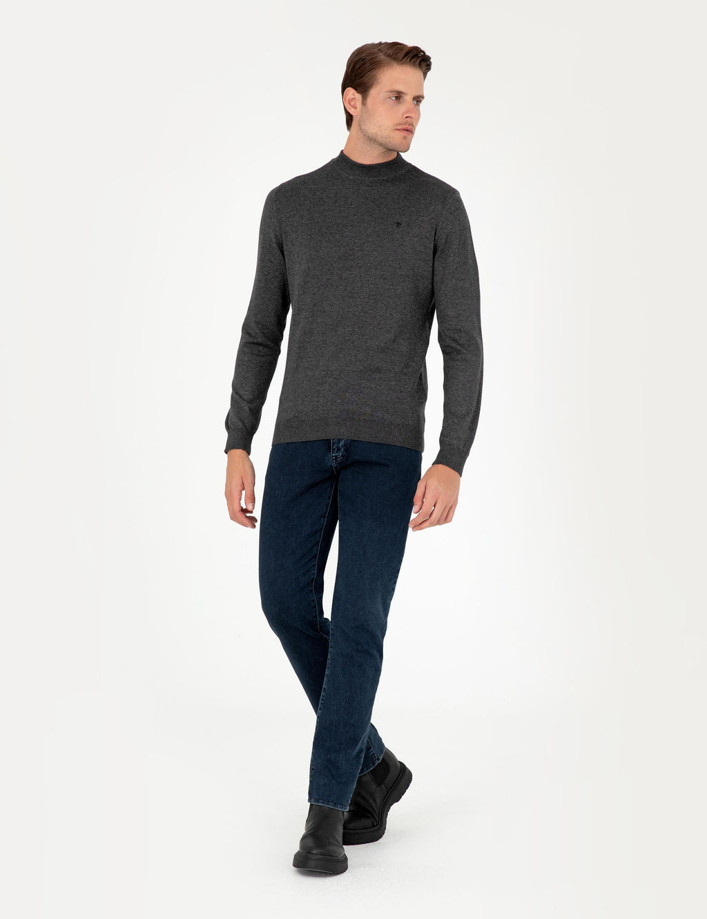 Antrasit Melanj Slim Fit Yar_m Bal_k__ Yaka Basic Triko Kazak
