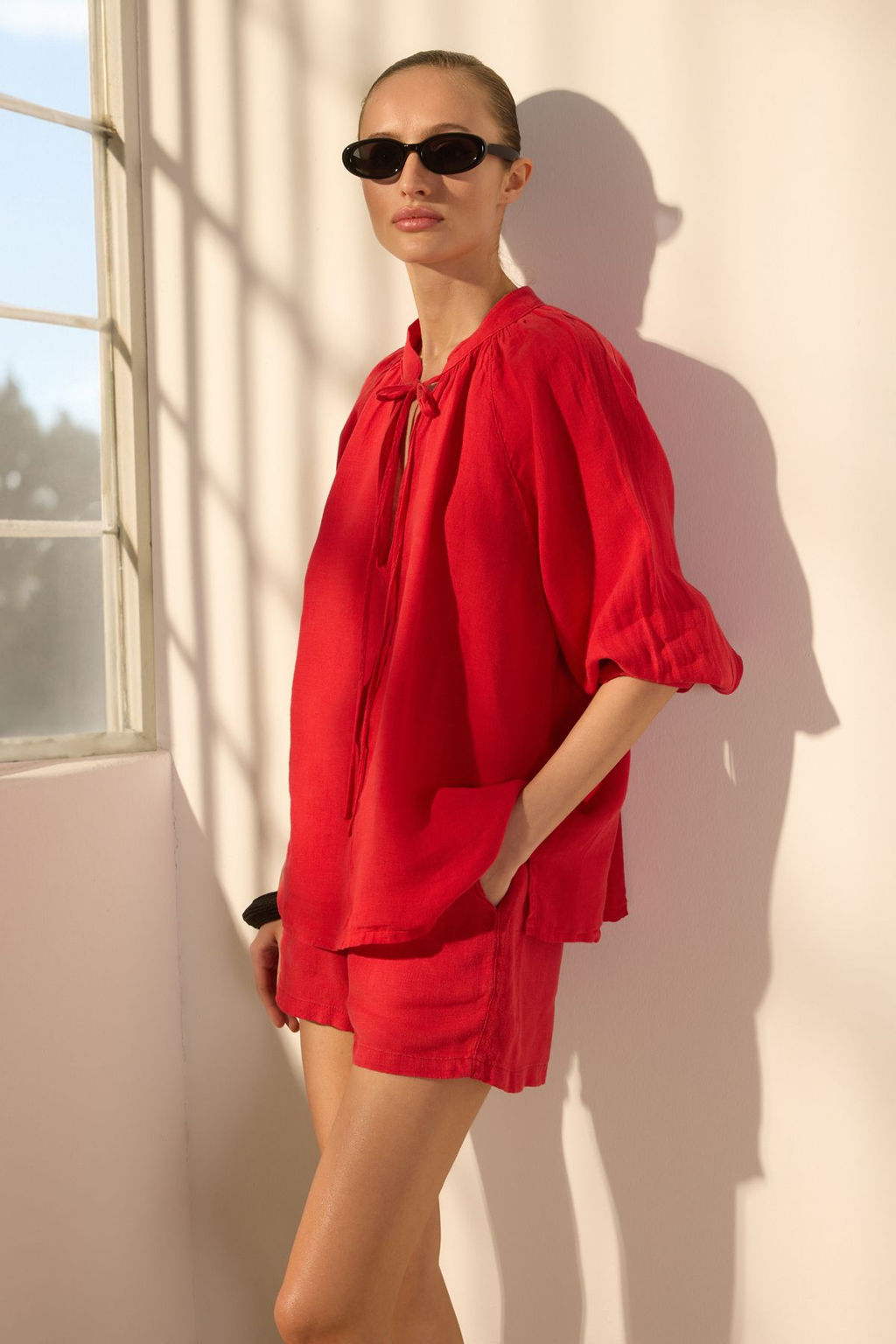 TRENDYOLMILLA K?rm?z? %100 Keten Hakim Yaka Gomlek TWOSS25GO00134 фото 2