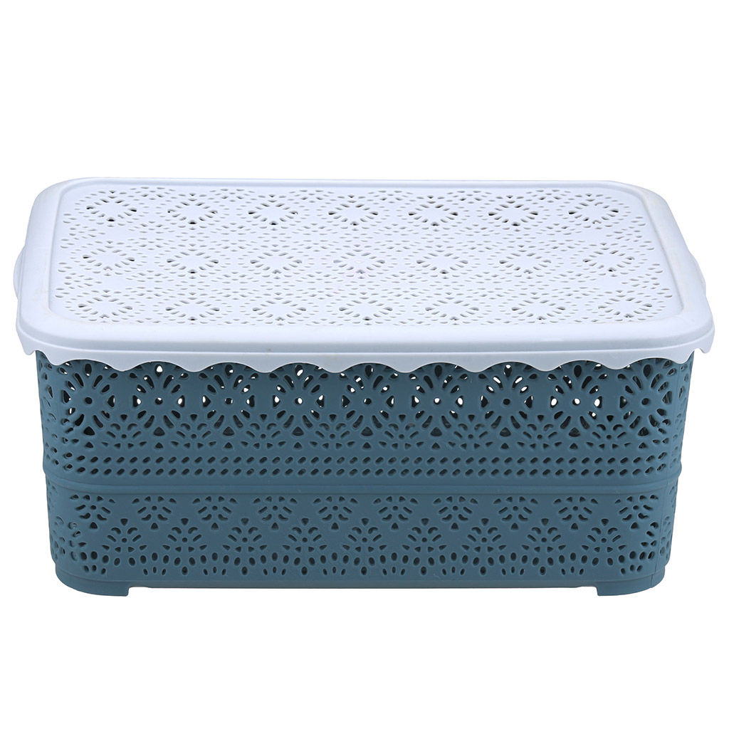 Домашняя мода Корзина пластмассовая для хранения Вышивка 26,5х19см h11,1см, матовый пластик, с серой крышкой, с ручками, синий (Китай)  фото 3