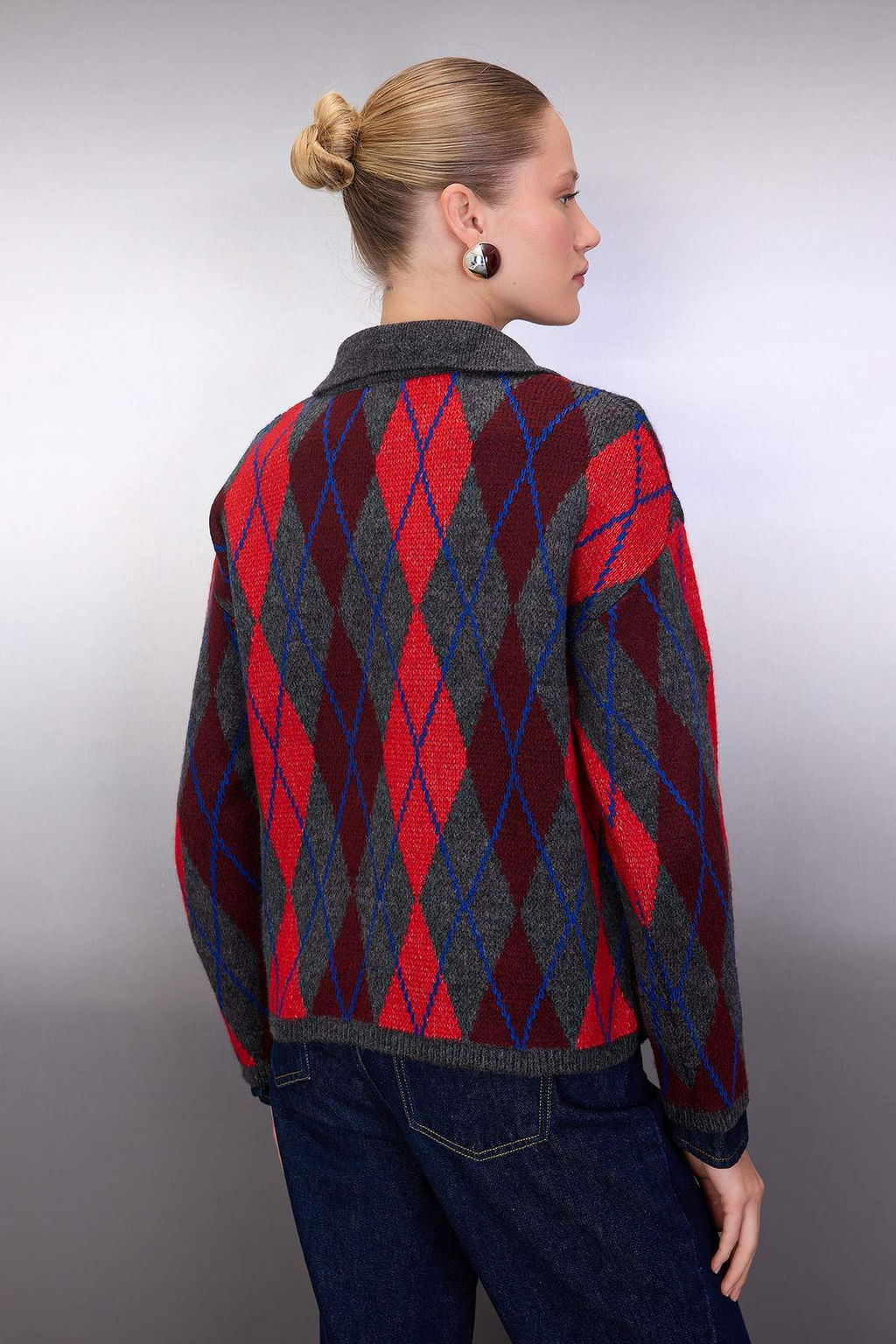 Antrasit Baklava/Ekose Desenli Polo Yaka Triko Kazak TWOAW26KZ00231 - Trendyolmilla фото 4